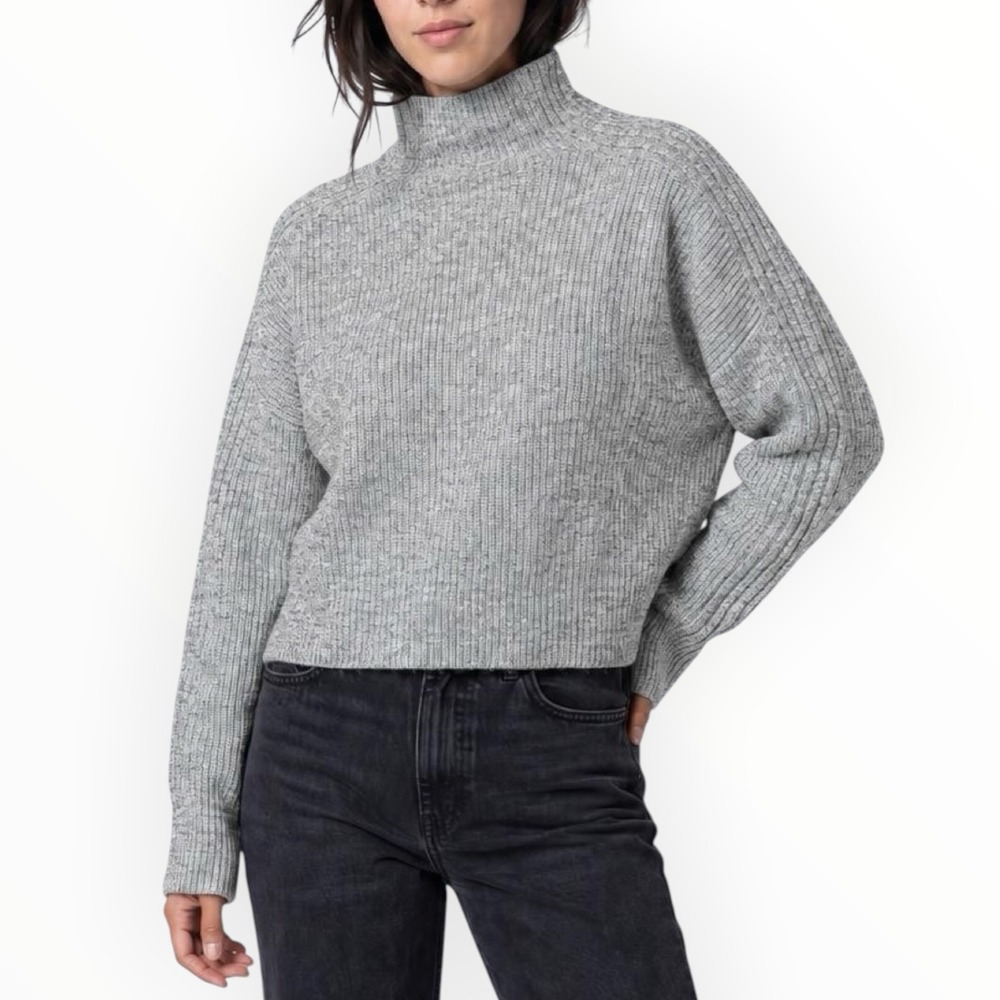 Topshop Sweater Women XL Grey Mock Neck Ribbed Knit Cropped Boxy Slit